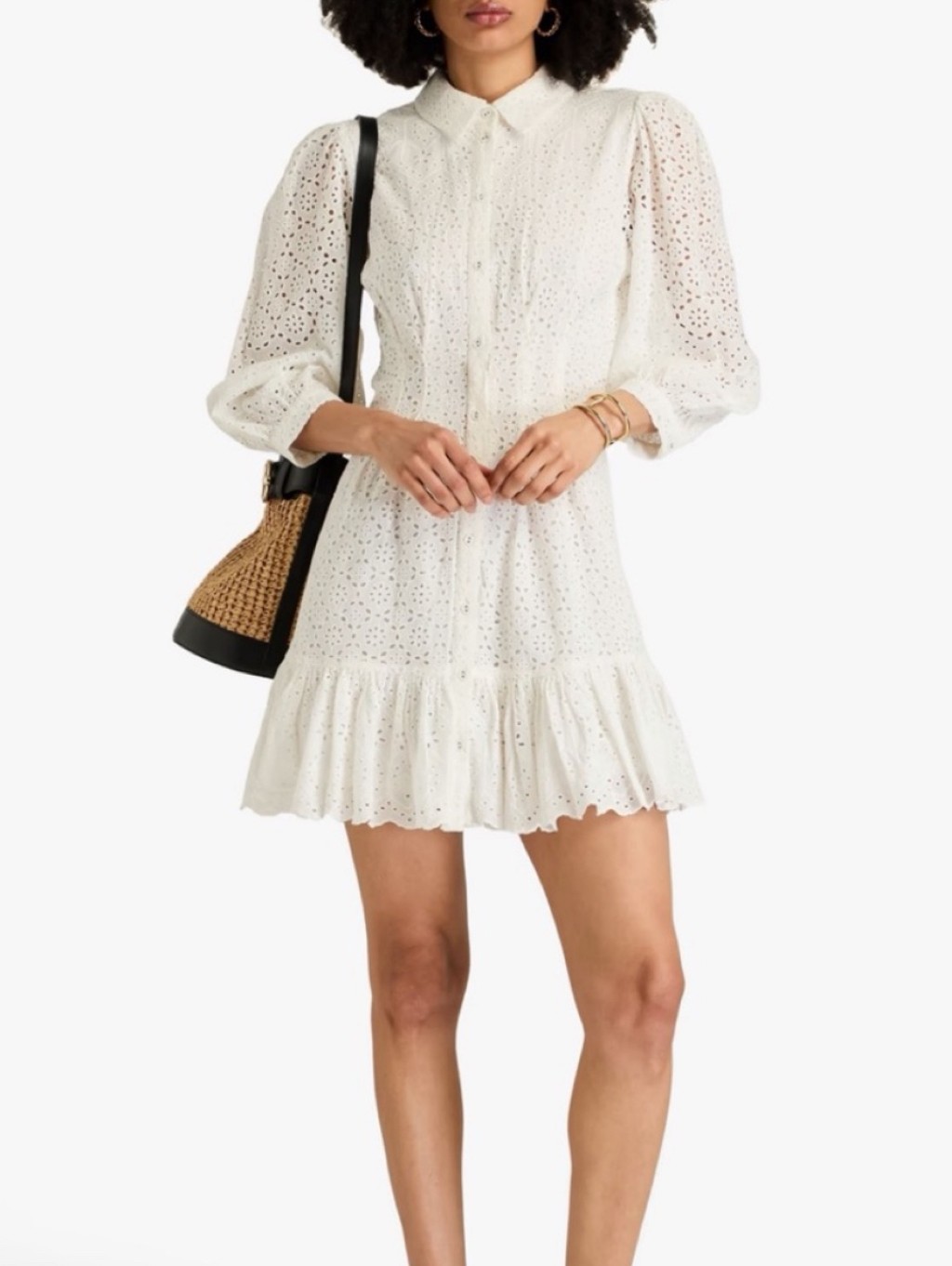 Veronica Beard Eyelet Puff Long Sleeve Shirt Dress Women's 0 White Romantic